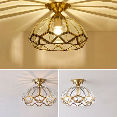 Modern Luxury Copper Glass Round 1-Light Semi-Flush Mount Ceiling Light For Hallway