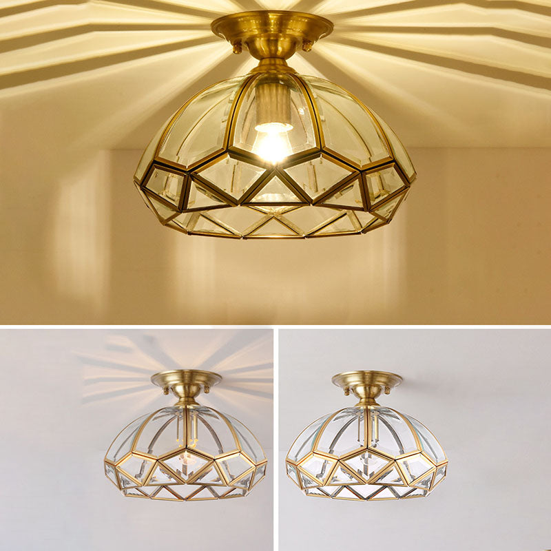 Modern Luxury Copper Glass Round 1-Light Semi-Flush Mount Ceiling Light For Hallway