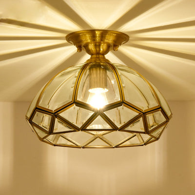 Modern Luxury Copper Glass Round 1-Light Semi-Flush Mount Ceiling Light For Hallway