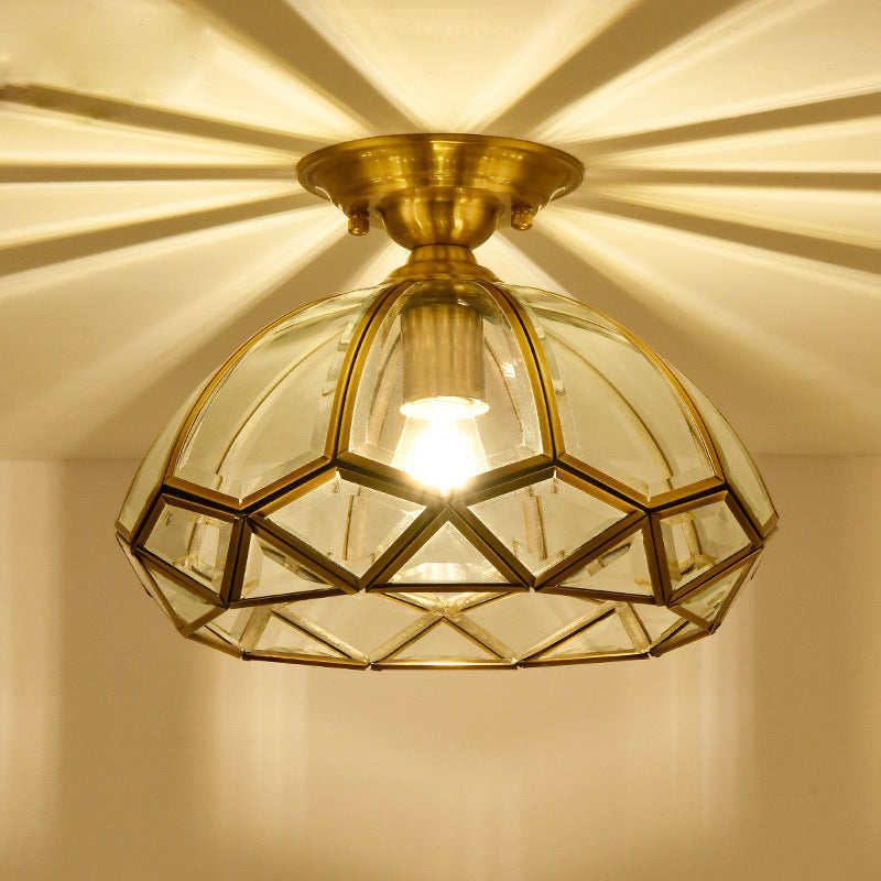 Modern Luxury Copper Glass Round 1-Light Semi-Flush Mount Ceiling Light For Hallway