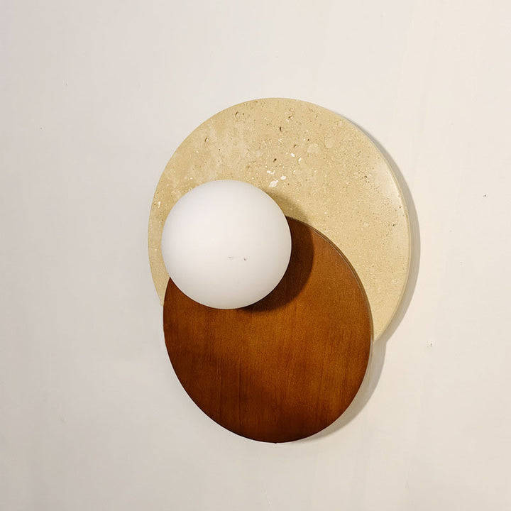 Applique murale ronde en bois et verre travertin japonais traditionnel à 1 lumière pour salon 