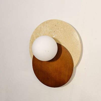 Traditional Japanese Travertine Glass Wood Round 1-Light Wall Sconce Lamp For Living Room