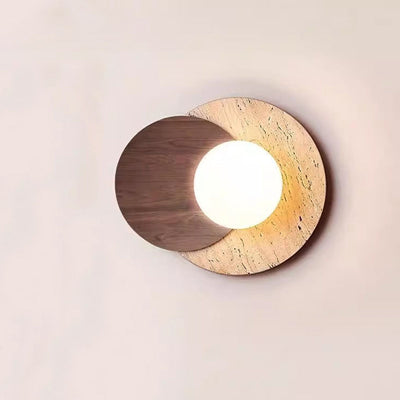 Traditional Japanese Travertine Glass Wood Round 1-Light Wall Sconce Lamp For Living Room