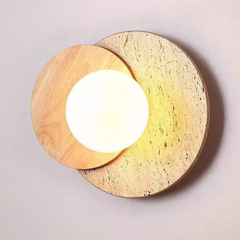 Traditional Japanese Travertine Glass Wood Round 1-Light Wall Sconce Lamp For Living Room