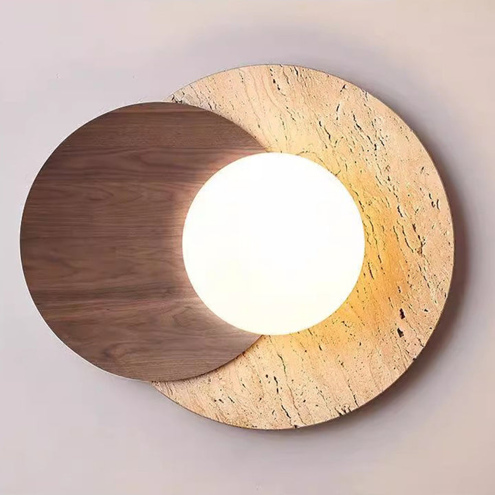 Applique murale ronde en bois et verre travertin japonais traditionnel à 1 lumière pour salon 