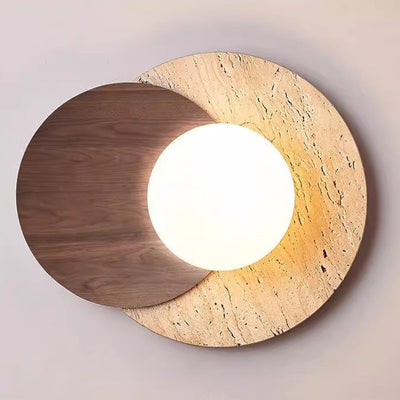 Traditional Japanese Travertine Glass Wood Round 1-Light Wall Sconce Lamp For Living Room