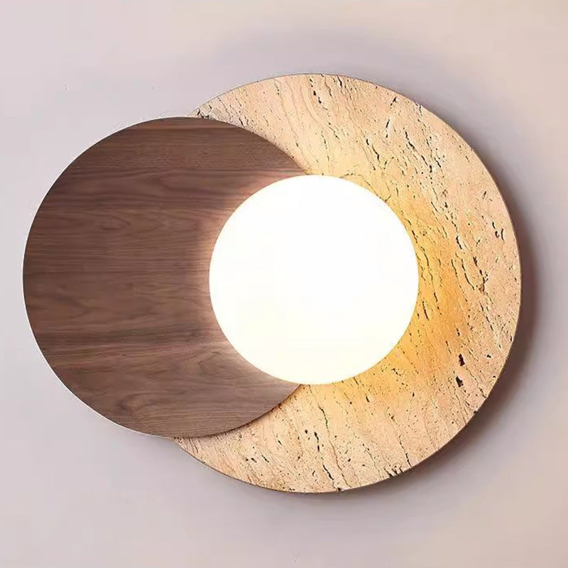 Traditional Japanese Travertine Glass Wood Round 1-Light Wall Sconce Lamp For Living Room