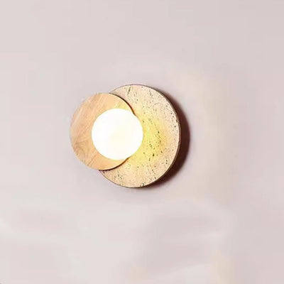 Traditional Japanese Travertine Glass Wood Round 1-Light Wall Sconce Lamp For Living Room