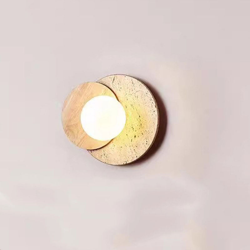 Traditional Japanese Travertine Glass Wood Round 1-Light Wall Sconce Lamp For Living Room