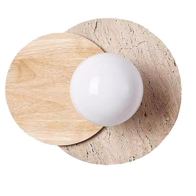 Traditional Japanese Travertine Glass Wood Round 1-Light Wall Sconce Lamp For Living Room
