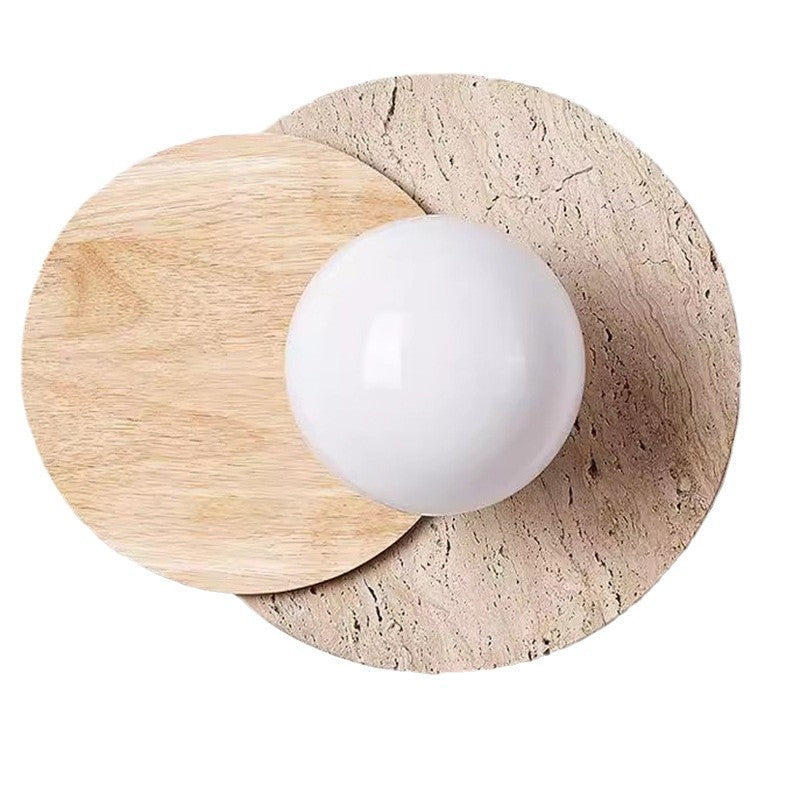 Traditional Japanese Travertine Glass Wood Round 1-Light Wall Sconce Lamp For Living Room