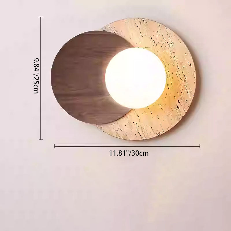 Traditional Japanese Travertine Glass Wood Round 1-Light Wall Sconce Lamp For Living Room