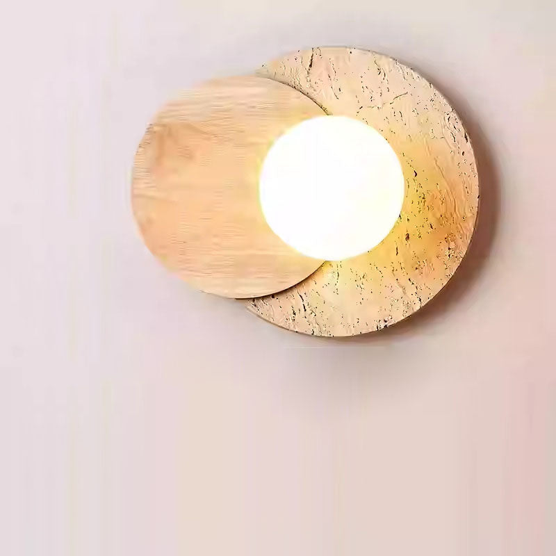Traditional Japanese Travertine Glass Wood Round 1-Light Wall Sconce Lamp For Living Room
