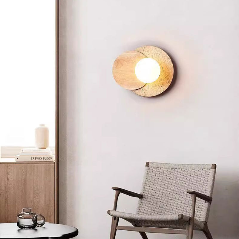 Traditional Japanese Travertine Glass Wood Round 1-Light Wall Sconce Lamp For Living Room