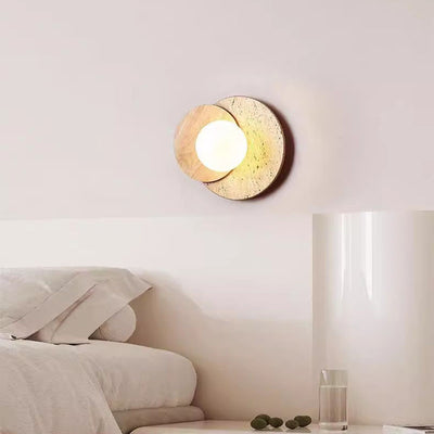 Traditional Japanese Travertine Glass Wood Round 1-Light Wall Sconce Lamp For Living Room