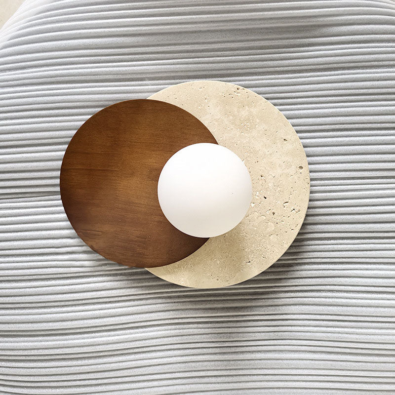Traditional Japanese Travertine Glass Wood Round 1-Light Wall Sconce Lamp For Living Room