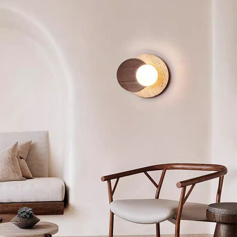 Traditional Japanese Travertine Glass Wood Round 1-Light Wall Sconce Lamp For Living Room