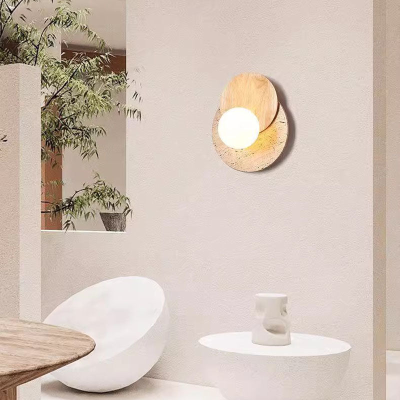 Traditional Japanese Travertine Glass Wood Round 1-Light Wall Sconce Lamp For Living Room