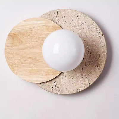 Traditional Japanese Travertine Glass Wood Round 1-Light Wall Sconce Lamp For Living Room