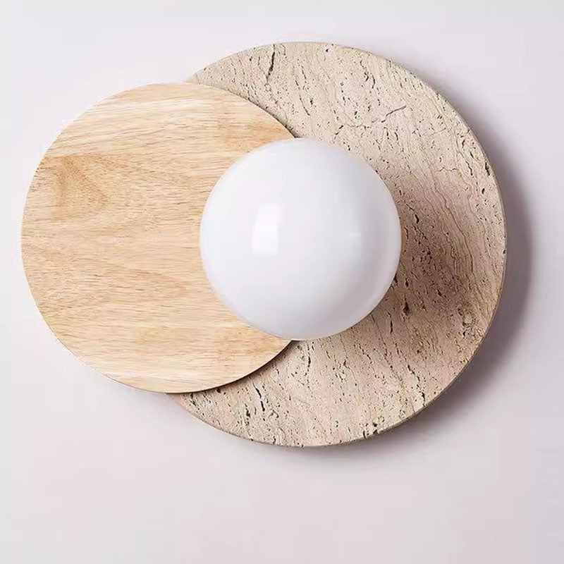 Traditional Japanese Travertine Glass Wood Round 1-Light Wall Sconce Lamp For Living Room