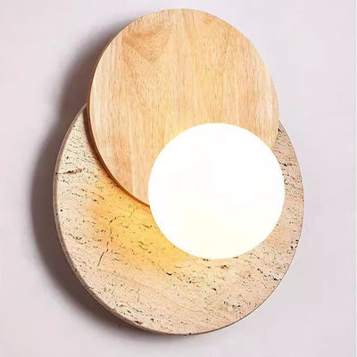 Traditional Japanese Travertine Glass Wood Round 1-Light Wall Sconce Lamp For Living Room