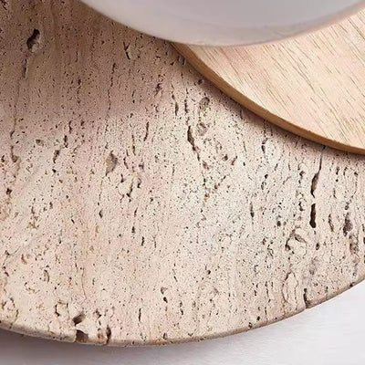 Traditional Japanese Travertine Glass Wood Round 1-Light Wall Sconce Lamp For Living Room