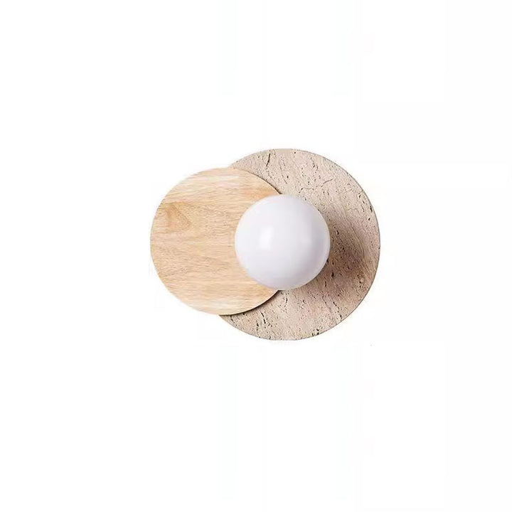 Applique murale ronde en bois et verre travertin japonais traditionnel à 1 lumière pour salon 