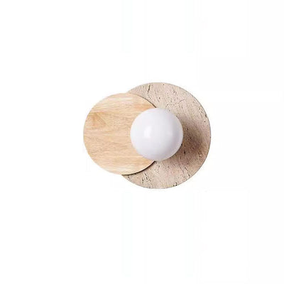 Traditional Japanese Travertine Glass Wood Round 1-Light Wall Sconce Lamp For Living Room