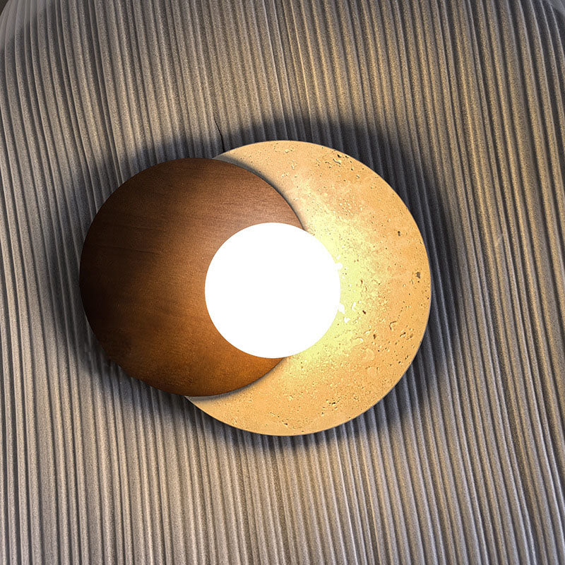 Traditional Japanese Travertine Glass Wood Round 1-Light Wall Sconce Lamp For Living Room