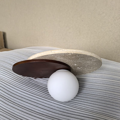 Traditional Japanese Travertine Glass Wood Round 1-Light Wall Sconce Lamp For Living Room