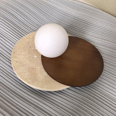 Traditional Japanese Travertine Glass Wood Round 1-Light Wall Sconce Lamp For Living Room