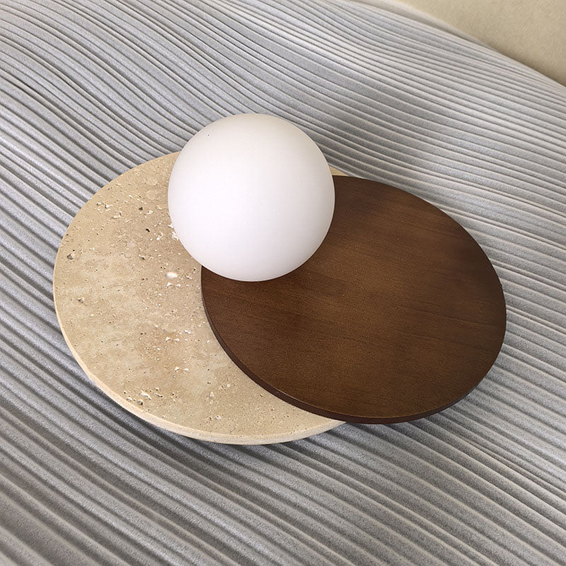 Traditional Japanese Travertine Glass Wood Round 1-Light Wall Sconce Lamp For Living Room