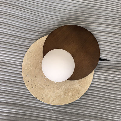 Traditional Japanese Travertine Glass Wood Round 1-Light Wall Sconce Lamp For Living Room