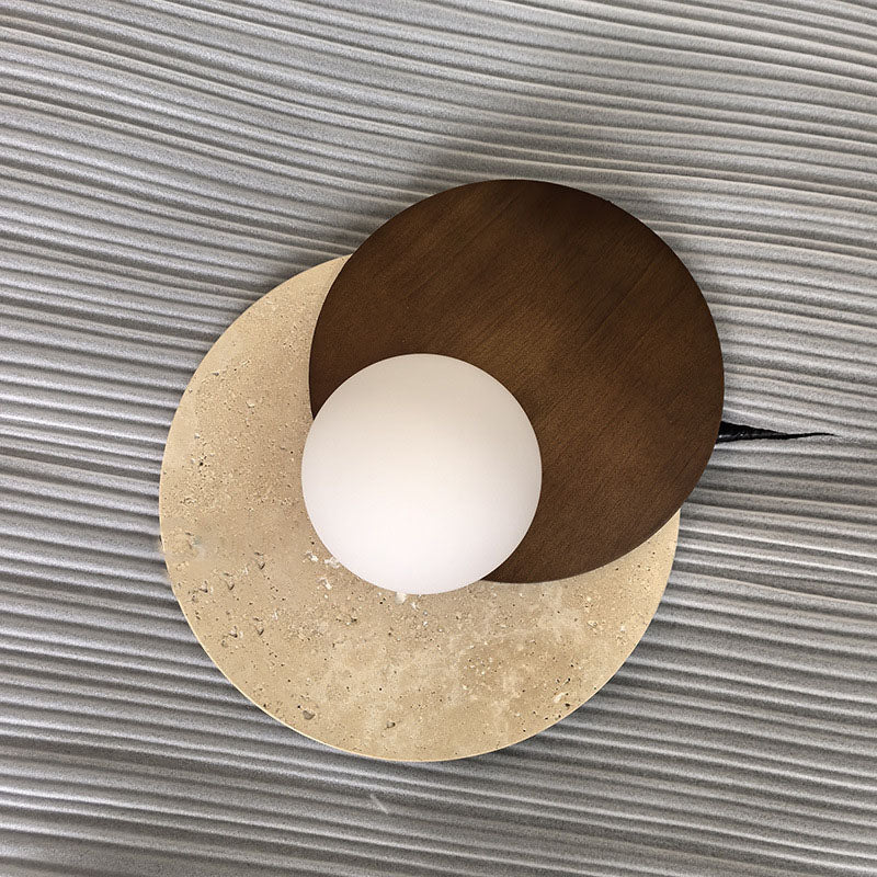 Traditional Japanese Travertine Glass Wood Round 1-Light Wall Sconce Lamp For Living Room