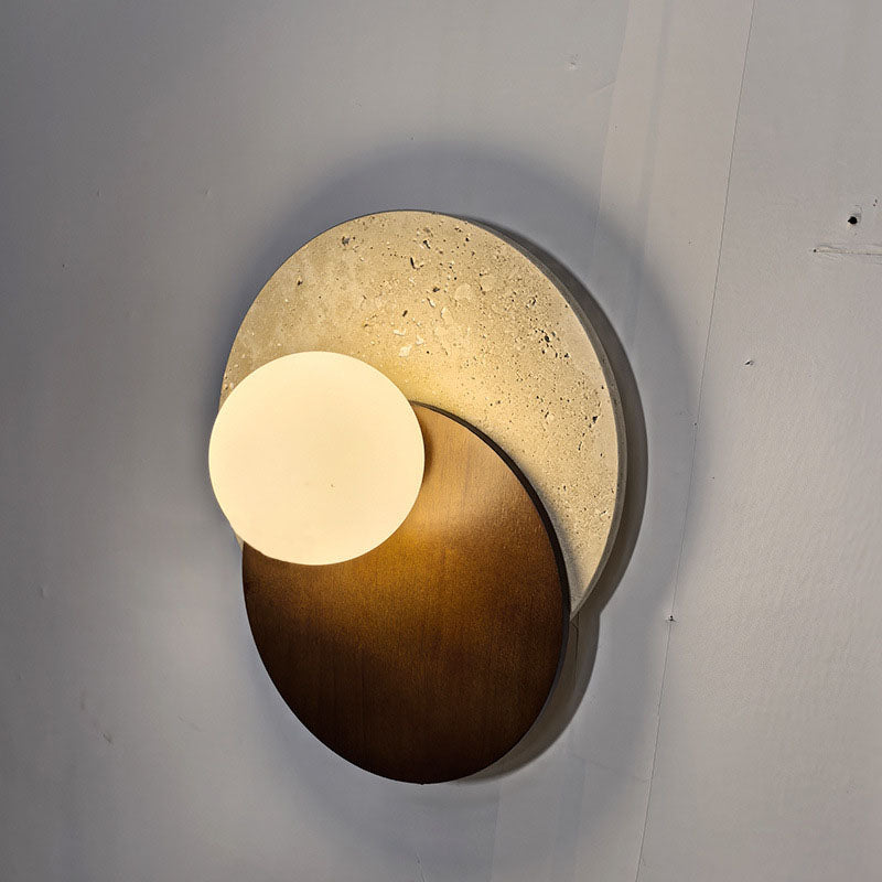 Traditional Japanese Travertine Glass Wood Round 1-Light Wall Sconce Lamp For Living Room