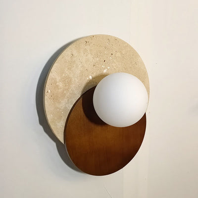 Traditional Japanese Travertine Glass Wood Round 1-Light Wall Sconce Lamp For Living Room