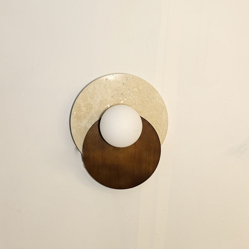 Traditional Japanese Travertine Glass Wood Round 1-Light Wall Sconce Lamp For Living Room