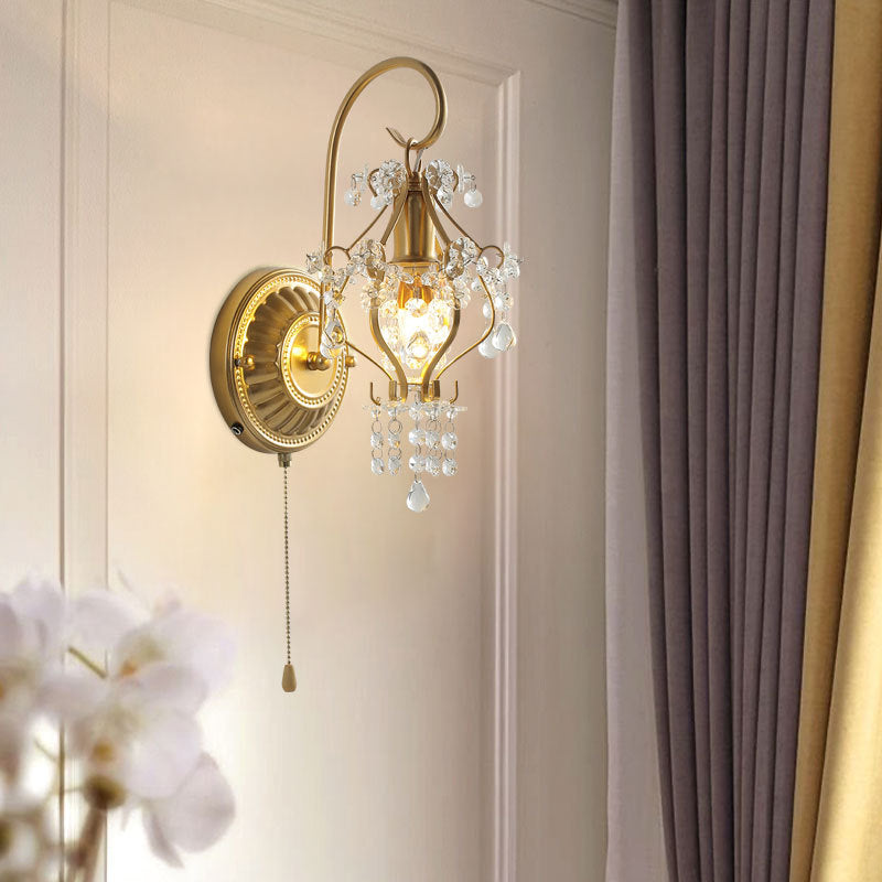 Traditional French Iron Crystal Round 1-Light Wall Sconce Lamp For Living Room