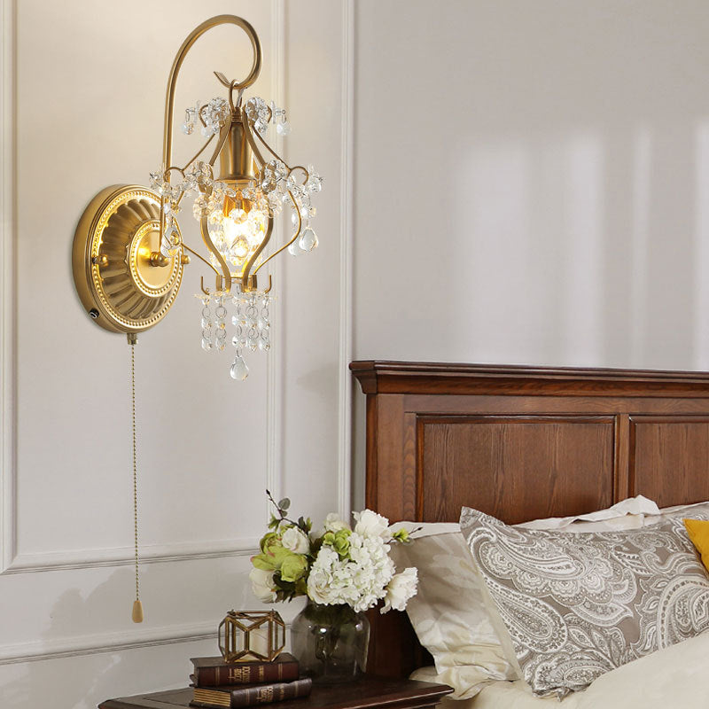 Traditional French Iron Crystal Round 1-Light Wall Sconce Lamp For Living Room