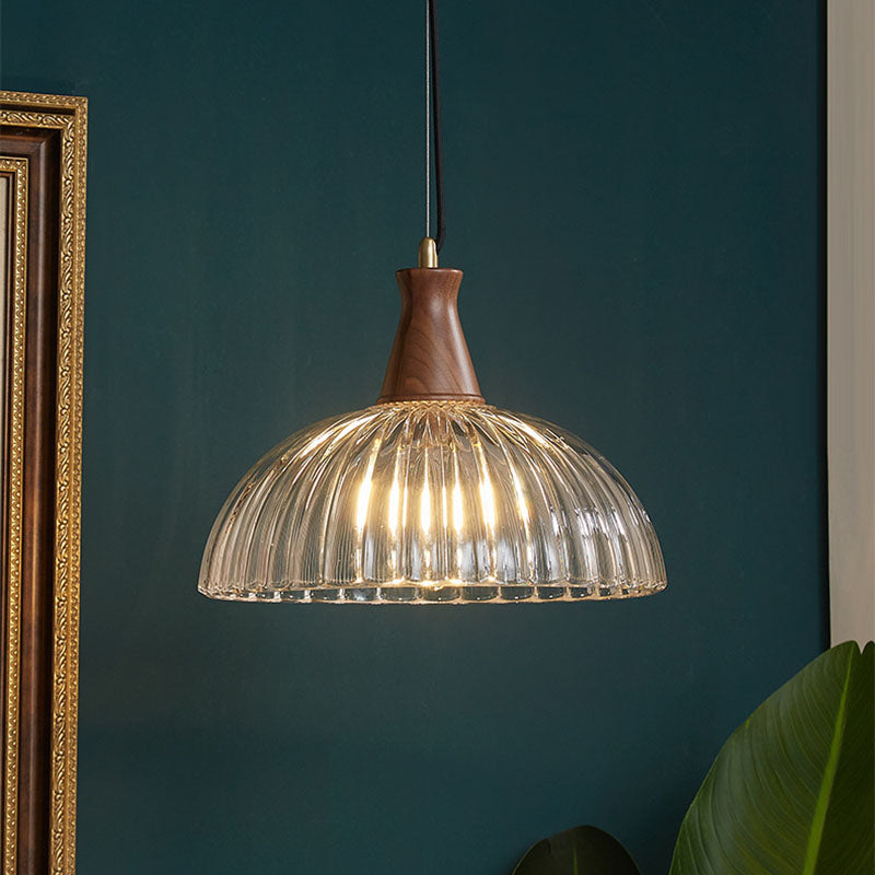 Contemporary Scandinavian Copper Glass Walnut Bowl 1-Light Pendant Light For Dining Room