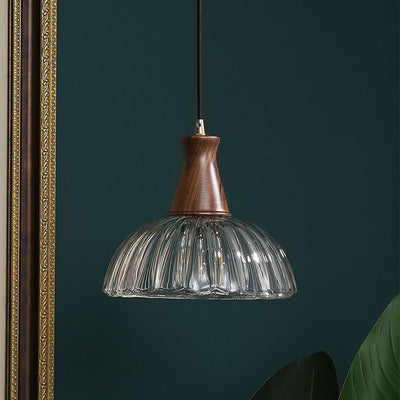 Contemporary Scandinavian Copper Glass Walnut Bowl 1-Light Pendant Light For Dining Room