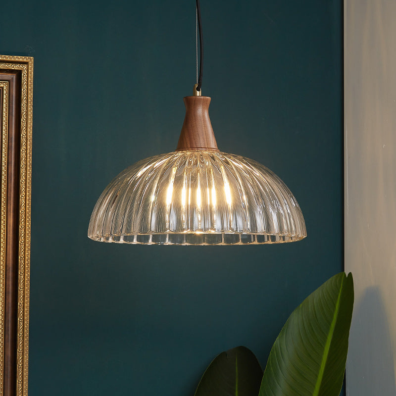Contemporary Scandinavian Copper Glass Walnut Bowl 1-Light Pendant Light For Dining Room