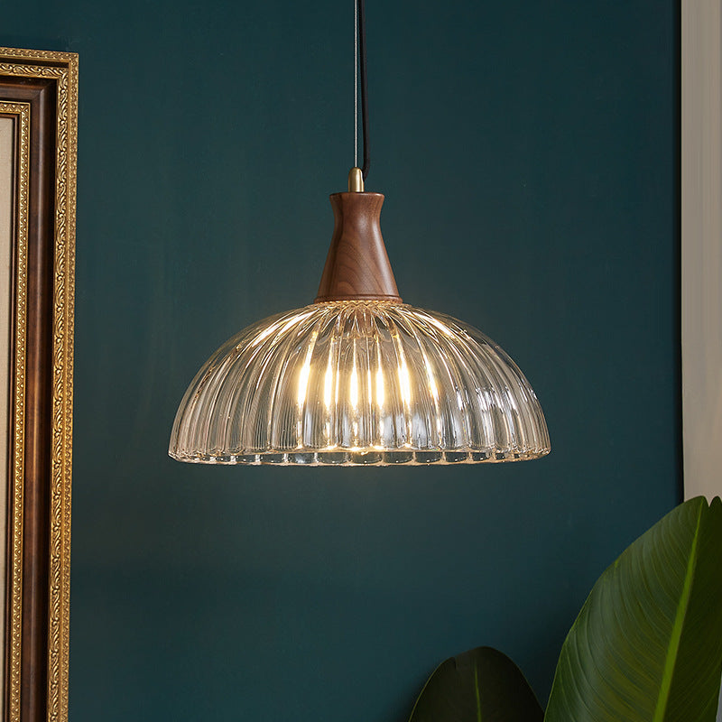 Contemporary Scandinavian Copper Glass Walnut Bowl 1-Light Pendant Light For Dining Room