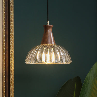 Contemporary Scandinavian Copper Glass Walnut Bowl 1-Light Pendant Light For Dining Room