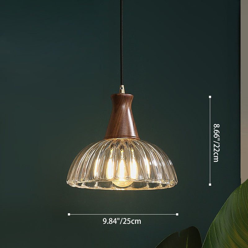Contemporary Scandinavian Copper Glass Walnut Bowl 1-Light Pendant Light For Dining Room