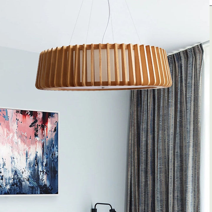 Contemporary Scandinavian Acrylic Fabric Wood Round 3/5 Light Chandelier For Bedroom
