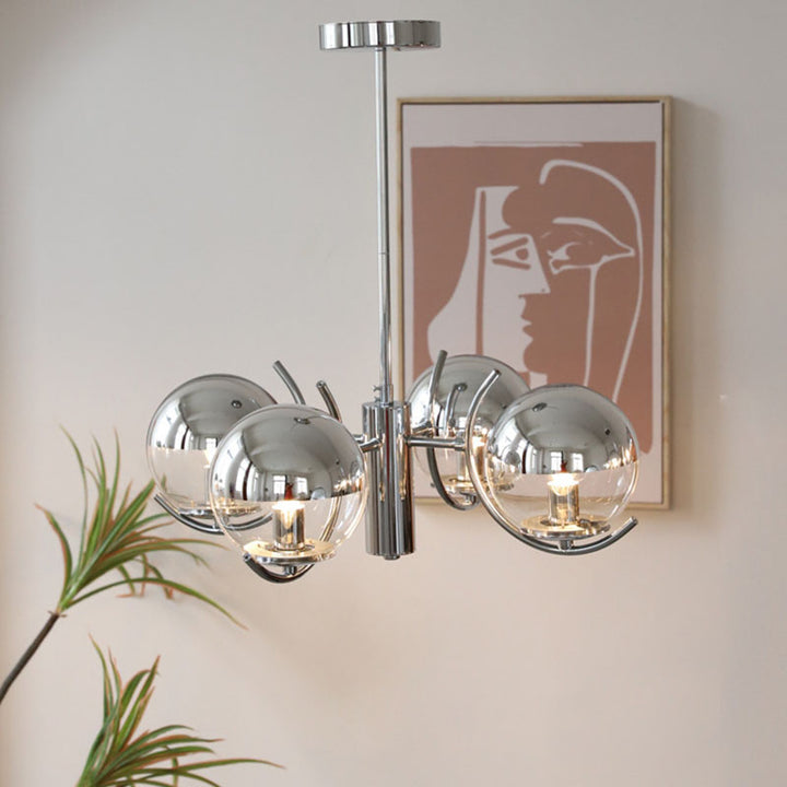 Zeitgenössischer skandinavischer Eisen-Glas-Kugelleuchter mit 4 Lichtern für das Esszimmer 