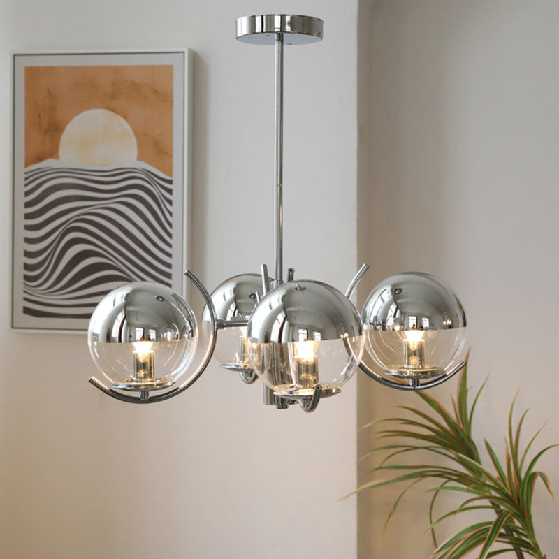 Contemporary Scandinavian Iron Glass Spherical 4-Light Chandelier For Dining Room