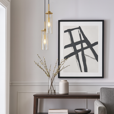 Modern Luxury Copper Glass Striped Linear 1/2 Light Pendant Light For Bedroom