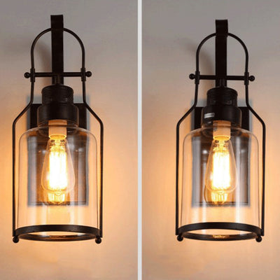 Traditional Rustic Iron Glass Cylinder 1-Light Wall Sconce Lamp For Hallway